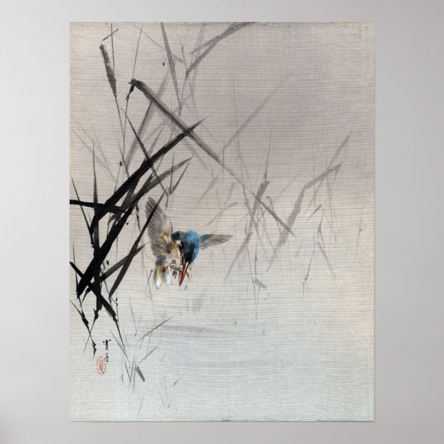 Watanabe Seitei Bird Catching Fish Among Reeds Poster (Front)