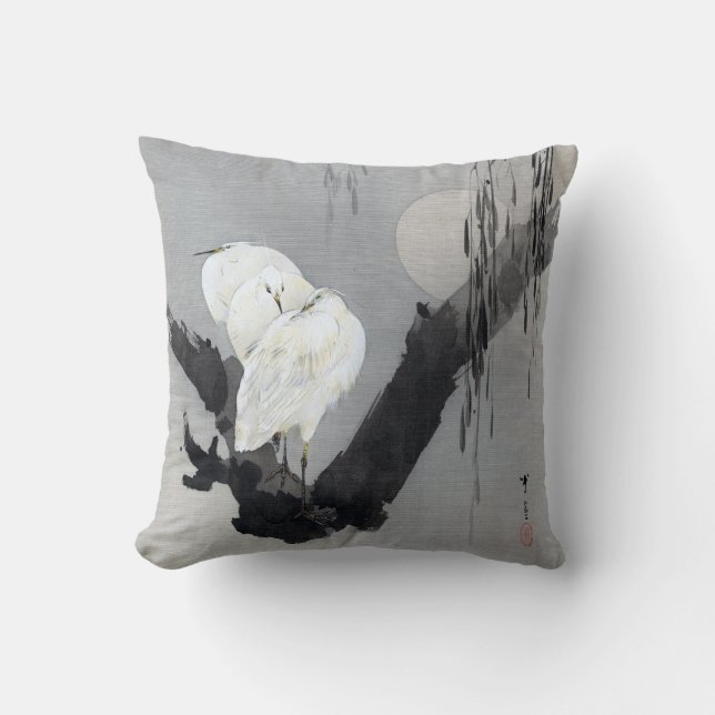 Watanabe Seitei Egrets in a Tree at Night Throw Pillow (Front)