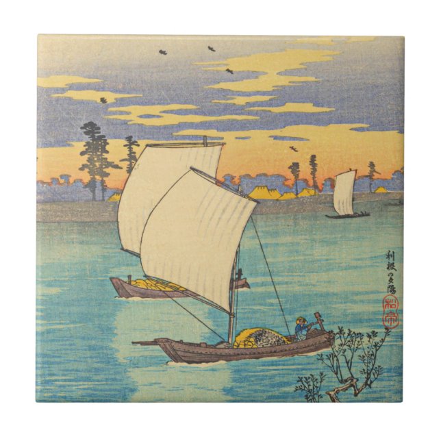 Watanabe Shotei-Sunset Glow at Tone River Ceramic Tile (Front)