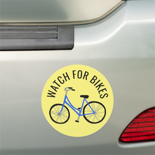 WATCH FOR BIKES Blue Bicycle Cyclist Round Car Magnet (In Situ)