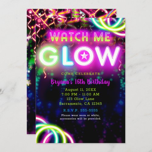 WATCH ME GLOW Neon Birthday Party Invitation