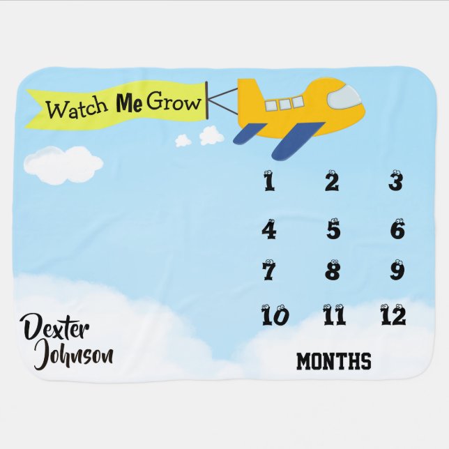 Watch Me Grow Airplane Blue Sky Monthly Milestone Baby Blanket (Horizontal)