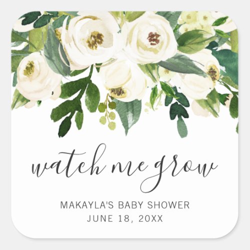 Watch Me Grow Elegant Floral Girl Baby Shower Square Sticker