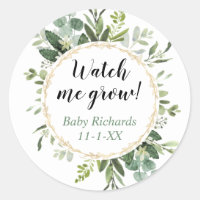 Watch me grow greenery gold eucalyptus baby shower classic round sticker