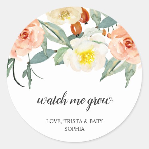 Watch Me Grow Peach Floral Girl Baby Shower Classic Round Sticker