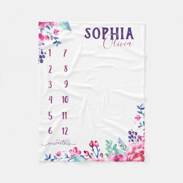 Watch me grow - watercolor flowers purple fleece blanket (Front)