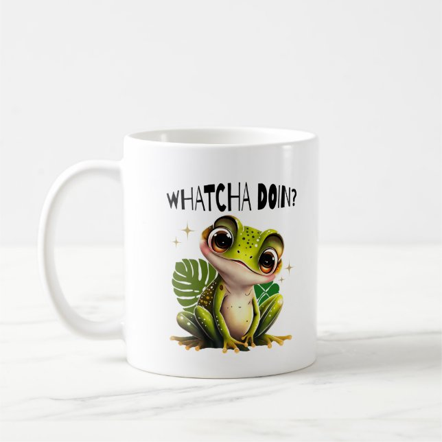 Watcha Doing? Funny Curious Frog Coffee Mug (Left)