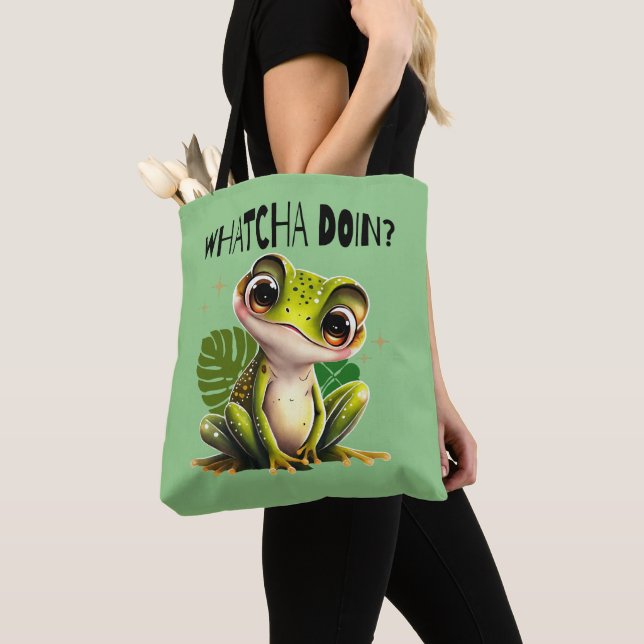 Watcha Doing? Funny Curious Frog Tote Bag (Close Up)