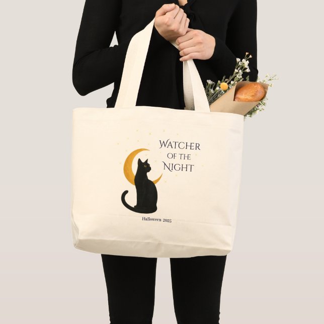 Watcher of the Night – Halloween Black Cat Large Tote Bag (Front (Product))