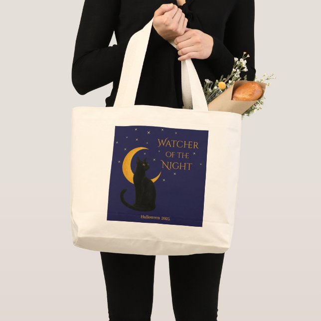 Watcher of the Night – Halloween Black Cat Large Tote Bag (Front (Product))