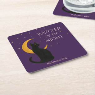 Watcher of the Night – Halloween Black Cat Square Paper Coaster
