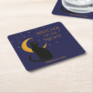 Watcher of the Night – Halloween Black Cat   Square Paper Coaster