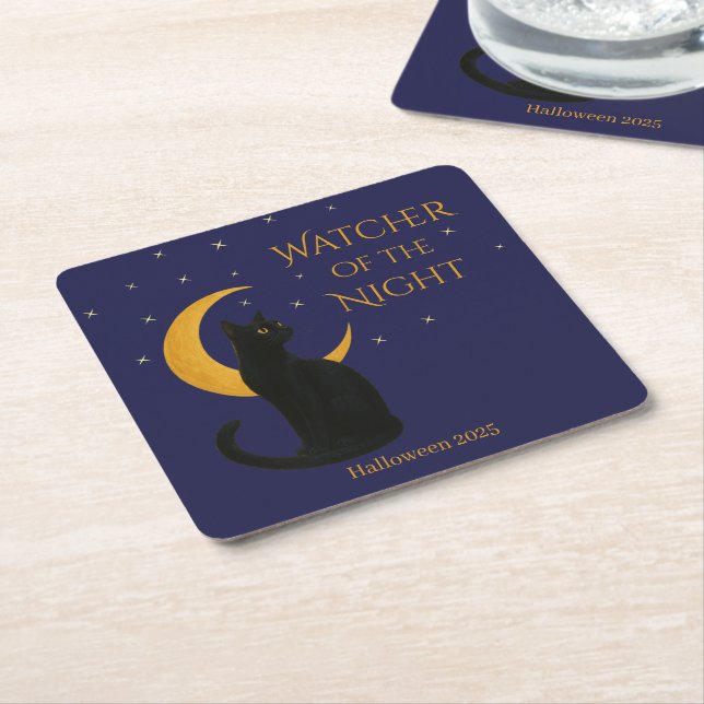 Watcher of the Night – Halloween Black Cat   Square Paper Coaster (Angled)