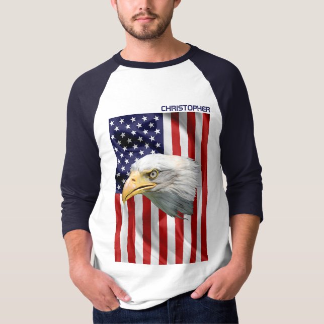 Watchful American Eagle, The USA Flag, Patriotic T-Shirt (Front)