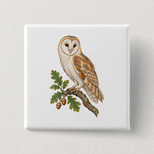 Watchful Barn Owl among Woodland Leaves Button