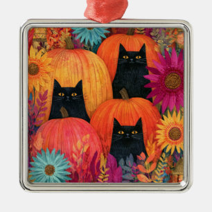 Watchful Black Cat Autumn Pumpkin Patch Metal Ornament