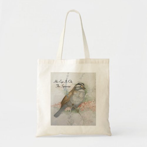 Watchful Song Sparrow Bible Quote Watercolor Tote Bag