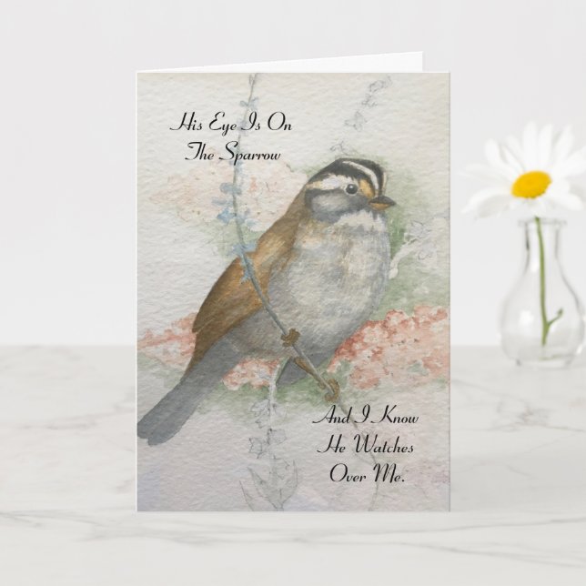 Watchful Sparrow Bible Blessing Watercolor Card (Small Plant)