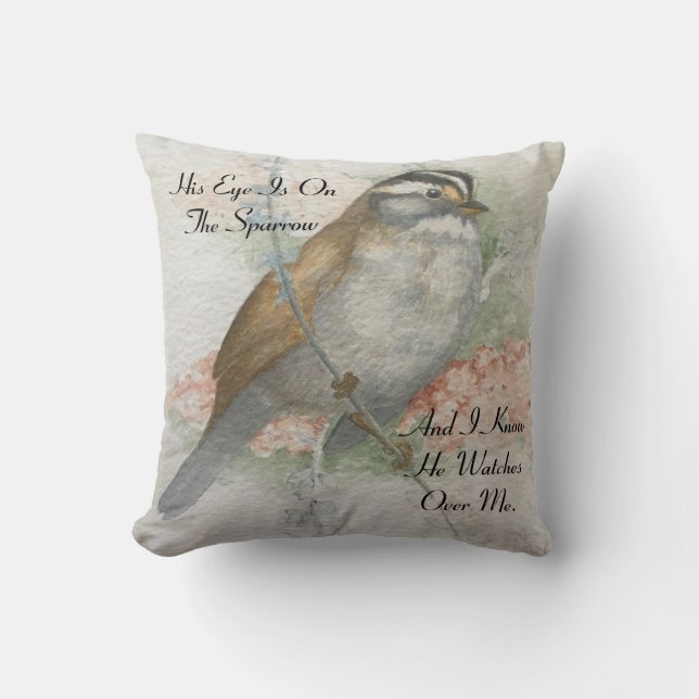 Watchful Sparrow Watercolor Painting Bible Quote Throw Pillow (Front)