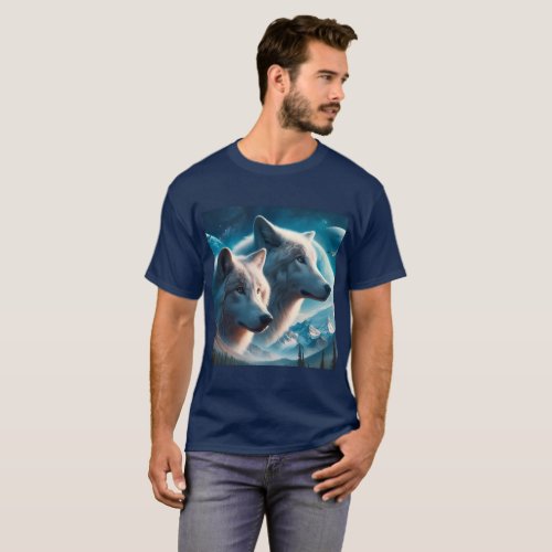 Watchful Wolves in Nights Sky Wildlife  T_Shirt