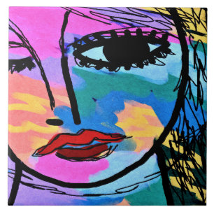 Watching Abstract Digital Portrait of a Woman Ceramic Tile