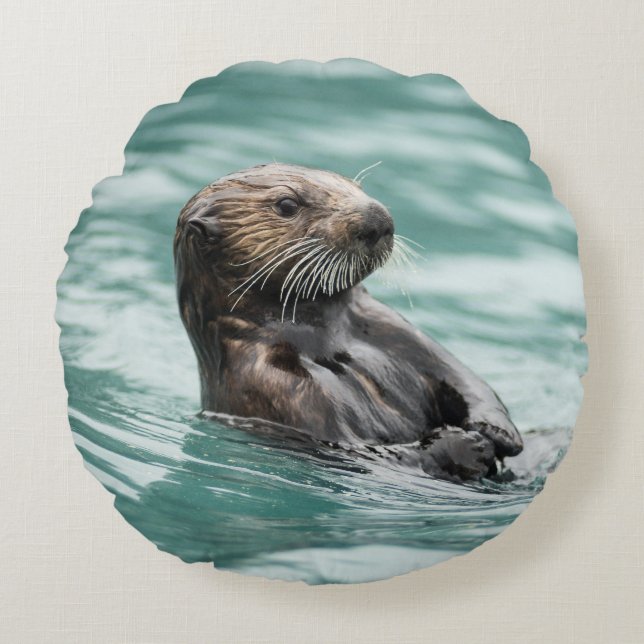 Watching Sea Otter Round Pillow (Front)