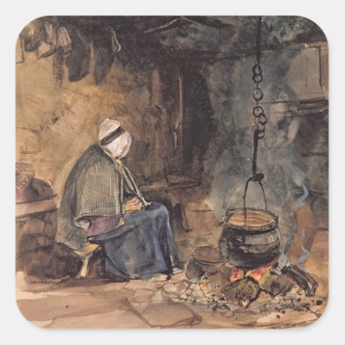 Watching the pot boil _ a cottage interior square sticker