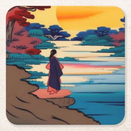 Watching the setting sun square paper coaster
