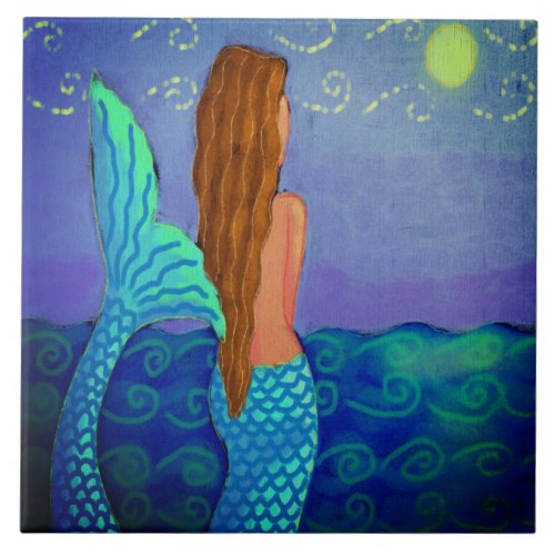 Watching the Sun Abstract Mermaid Painting Ceramic Tile
