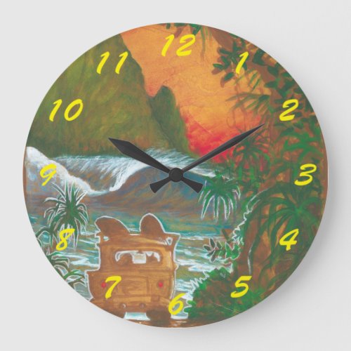 Watching the Sunset Man Dog and Surf Van Large Clock