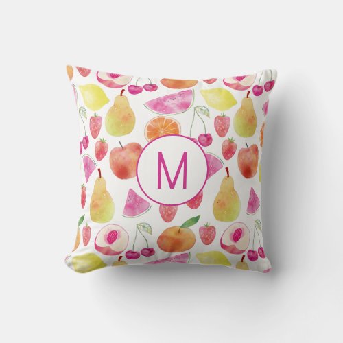 Watecolor Fruit Monogram Throw Pillow