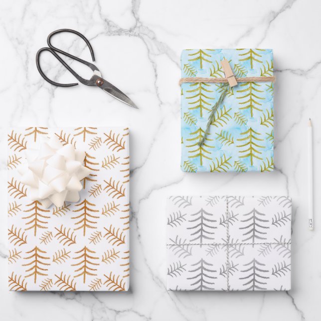 Watecolor Modern Christmas Trees Wrapping Paper Sheets (Front)