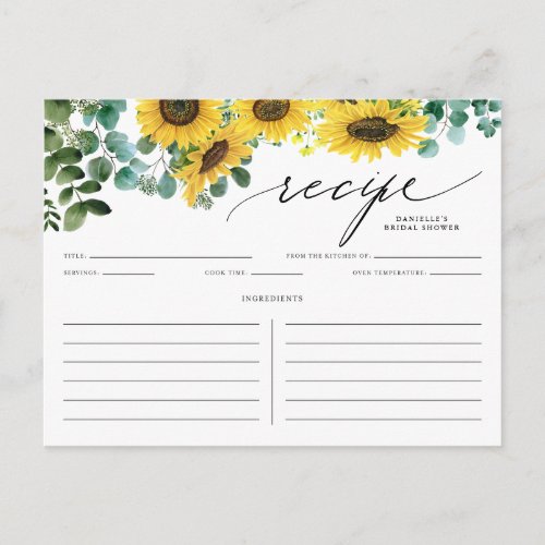 Watecolor Sunflowers and Eucalyptus Recipe Card