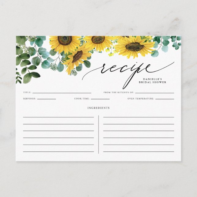 Watecolor Sunflowers and Eucalyptus Recipe Card (Front)