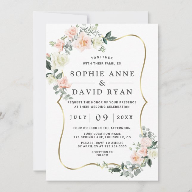 Wateercolor Blush White Flowers Gold Wedding Invitation (Front)