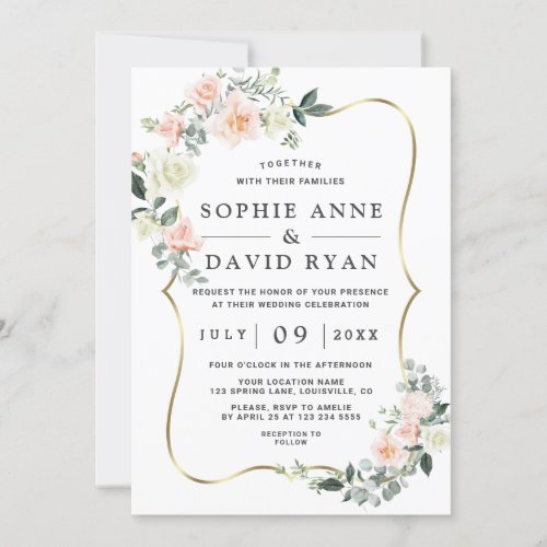 Wateercolor Blush White Flowers Gold Wedding Invitation