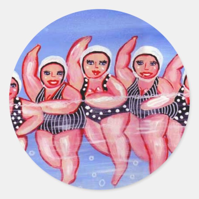 Water Aerobics Divas Fun Whimsical Chubby Classic Round Sticker (Front)