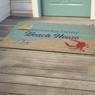 Water and Sand Beach House Family Name Fiber Doormat