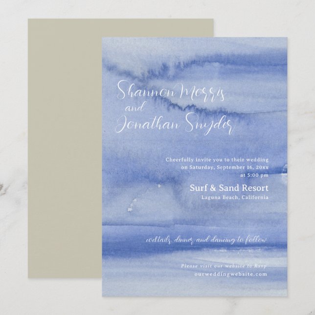 Water and Waves Watercolor Wedding Invitation Blue (Front/Back)