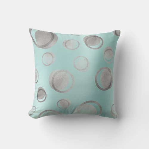 Water Aqua Blue Silver Metallic Circle Dots Gray Throw Pillow