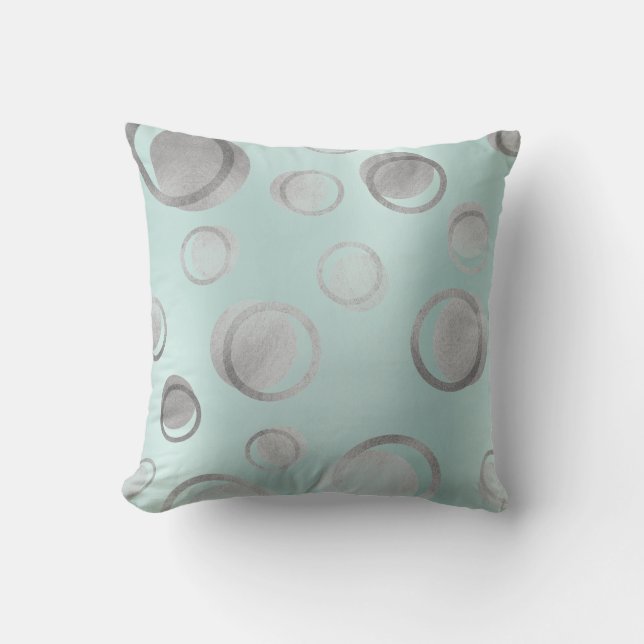 Water Aqua Blue Silver Metallic Circle Dots Gray Throw Pillow (Front)