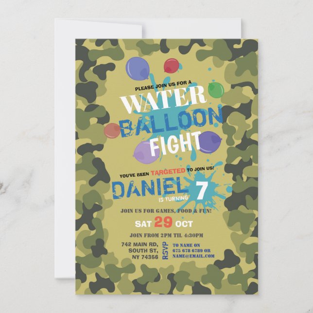 Water Balloon Flight Camo Birthday Invitation (Front)