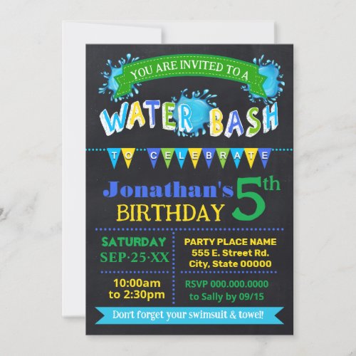 Water Bash Birthday Party Blue Green Chalkboard Invitation