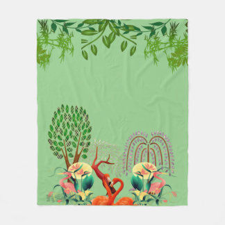 Water Birds Flamingo Couple Tree of Life Greenery Fleece Blanket