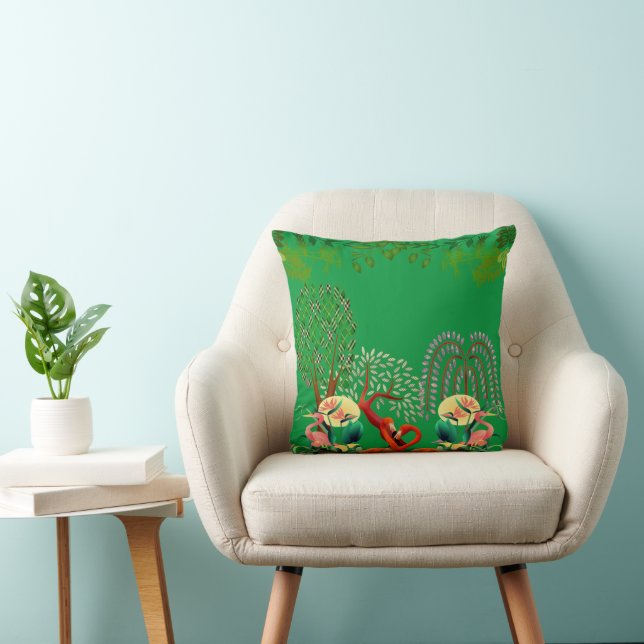 Water Birds Flamingo Couple Tree of Life Greenery  Throw Pillow (Chair)