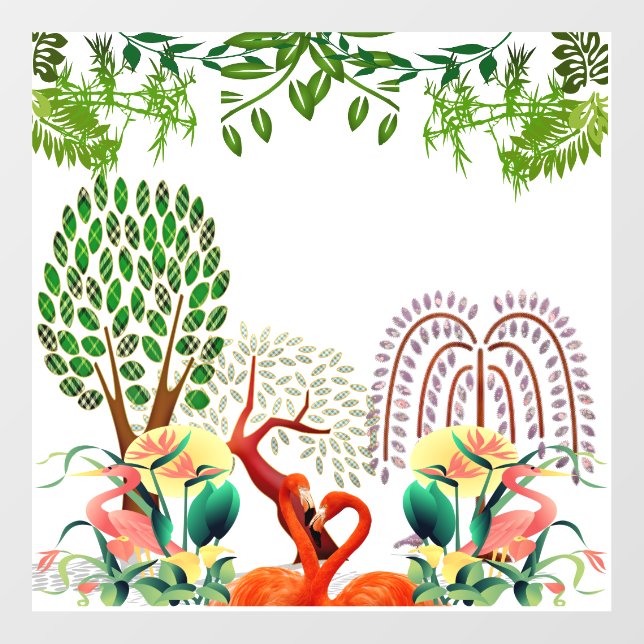 Water Birds Flamingo Couple Tree of Life Greenery  Wall Decal (Front)