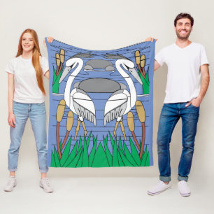 Water Birds Swan Couple Watercolor Pond Scenery Fleece Blanket