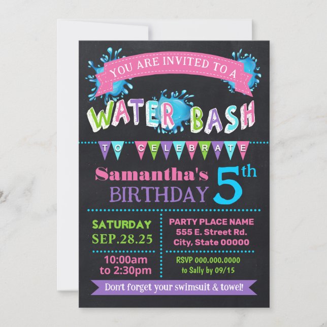 Water Birthday Bash Summer Party Chalkboard pink Invitation (Front)
