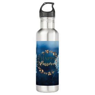 Water Bottles | Happy Passover | Blue Brown Wreath Floral Design | 10 Unique Presents | Jewish Gifts Water Bottle Happy Passover Blue Brown Wreath Flor