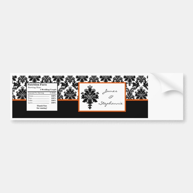 Water Bottle Label Black Orange Damask Lace Print (Front)